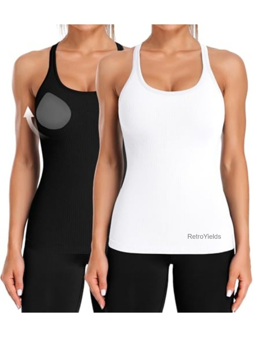 2 Pack Ribbed Sports Tank Tops with Built in Bra, Removable Pads, Racerback